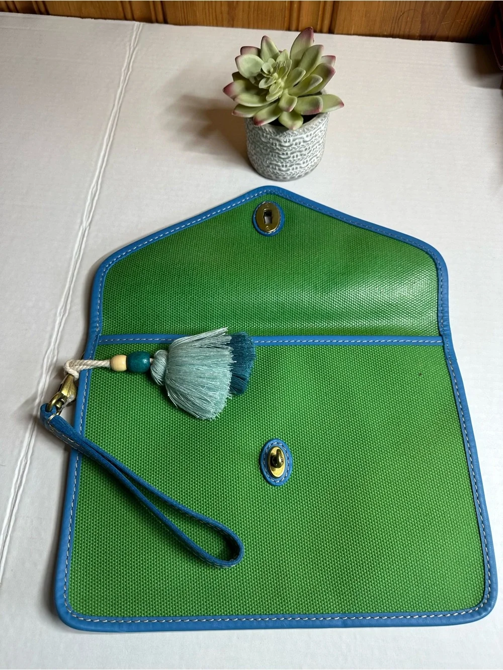 Fossil Green Canvas Wristlet Clutch with Blue Trim